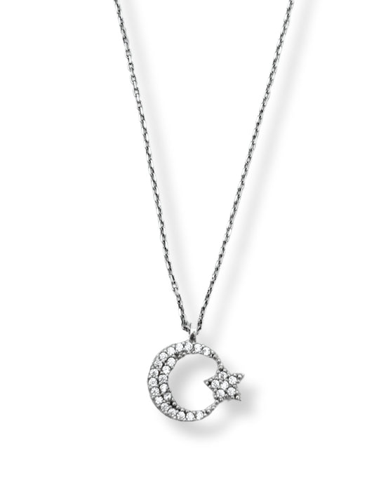 Beyaz Işıltılı Ay Yıldız Hayalet Gümüş Kadın Kolye