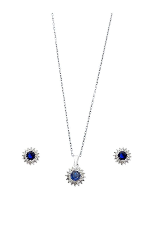 Minimal Klasik Anturaj Modeli Taşlı Gümüş Kolye ve Küpe Seti