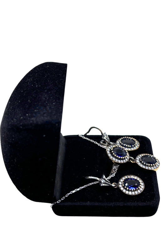 Beyaz Işıltılı Oval Safir Gümüş Set&Takım