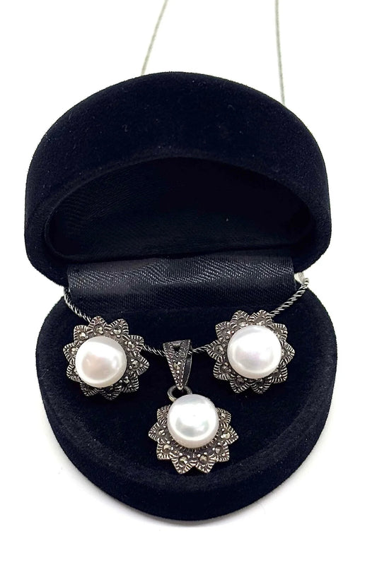 Markazit Işıltılı İnci Açan Gümüş Çiçek Set&Takım