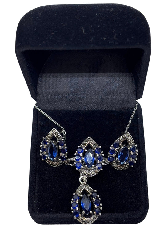 Lacivert Işıltılı Gümüş Damla Markazit Set&Takım