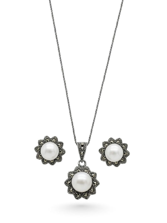 Markazit Işıltılı İnci Açan Gümüş Çiçek Set&Takım