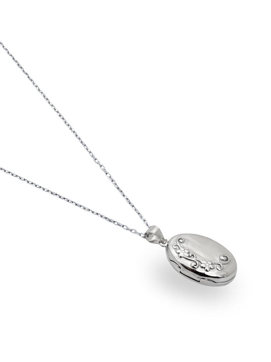 Çiçek Desenli Minimal Oval Kapaklı Gümüş Kadın Kolye 1.4x2.5 cm