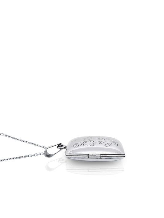 Lazer Çiçek Desenli Kare Bombe Kapaklı Gümüş Kolye 3.3x2 cm