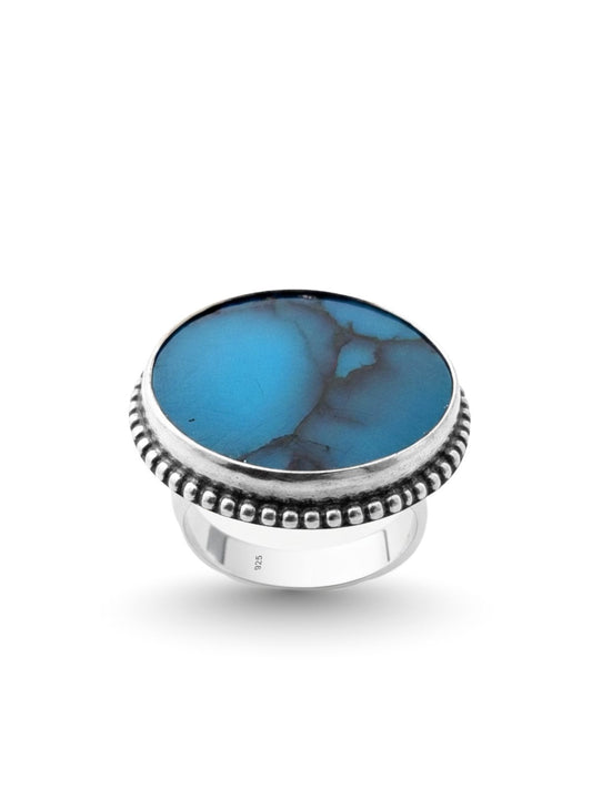 İri Yuvarlak Doğal Firuze Taşlı Gümüş Kadın Yüzük