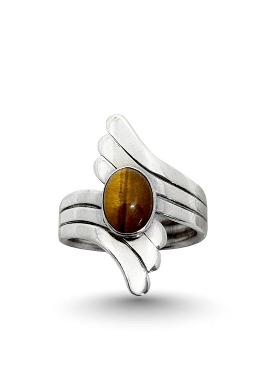 Doğal Kaplan Gözü Taşlı Kanat Gümüş Kadın Yüzük