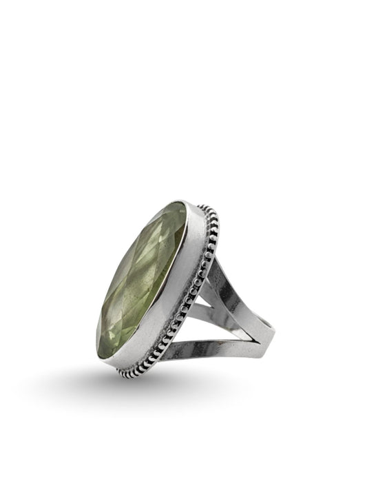 İri Oval Kesme Doğal Prehnite Taşlı Kadın Gümüş Yüzük