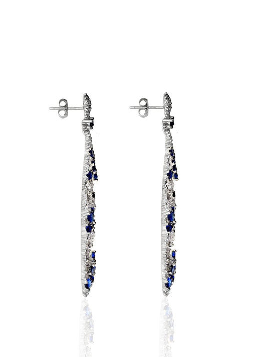 Beyaz Işıltılı Damla Form Safir&Yeşil Zirkon Vidalı Gümüş Küpe 5x1.4cm