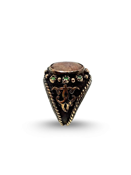 Otantik Zümrüt Çevrili Güneş Taşı Kadın Gümüş Yüzük