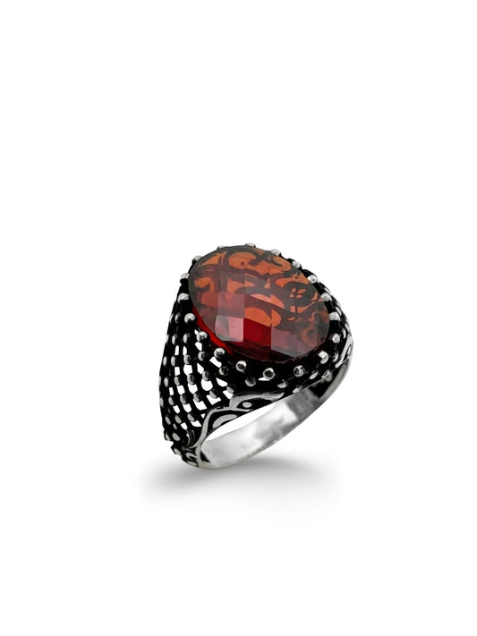 Oval Kesme Lal Taşlı Gümüş Erkek Yüzük