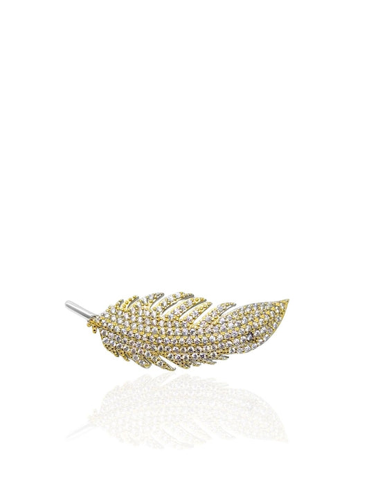 24K Altın Kaplama Taşlı Gümüş Tüy Broş 3.5x1.3cm