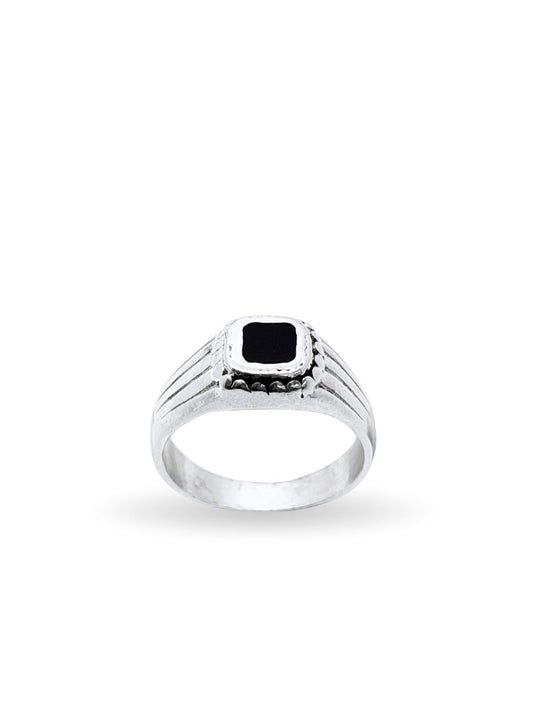 Çizgili Kare Mineli Gümüş Retro Erkek Yüzük