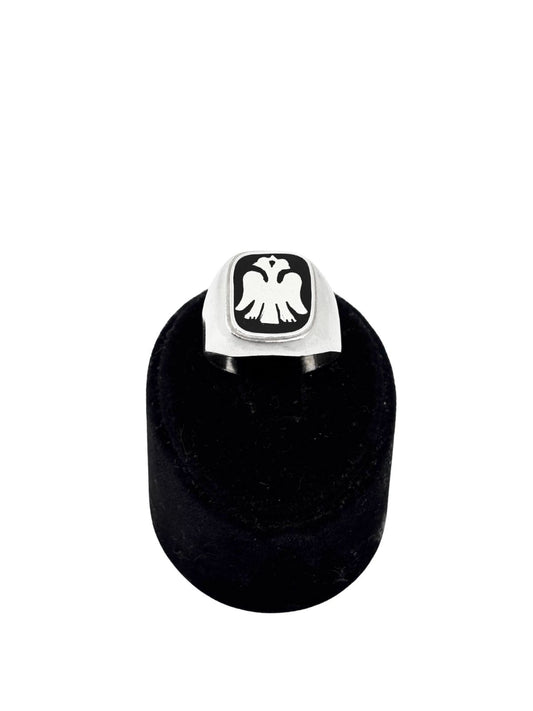 Kare Mineli Çift Başlı Kartal Gümüş Erkek Yüzük