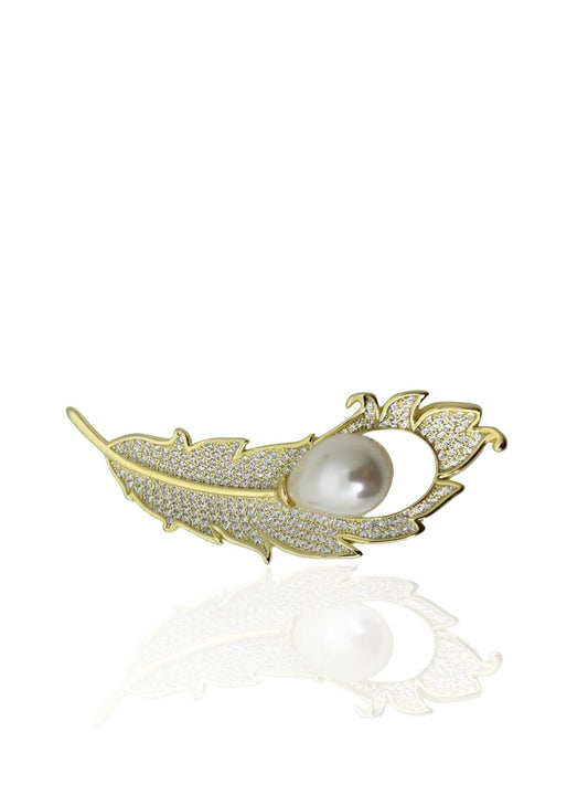 İncili Gümüş Kuş Tüyü Broş 5.5x1.7cm