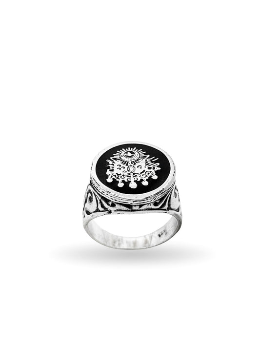 Mineli Yuvarlak Osmanlı Devlet Armalı Gümüş Erkek Yüzük