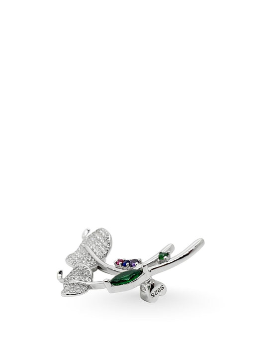 Zirkon Taşlı Dal Yaprağı Gümüş Broş 3.1x1.9cm