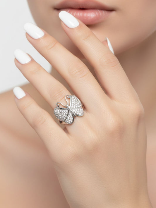 Beyaz Zirkon Taşlı İri Kelebek Gümüş Kadın Yüzük