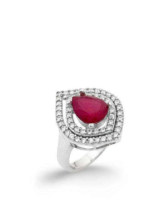 Zirkon Çevrili Damla Formunda Taşlı Kadın Gümüş Yüzük