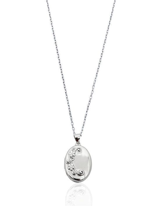Çiçek Desenli Minimal Oval Kapaklı Gümüş Kadın Kolye 1.4x2.5 cm