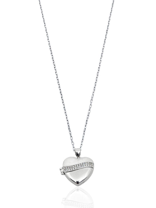 Çift Sıra Beyaz Zirkon Taşlı Kapaklı Gümüş Kadın Kolye 1.8x2 cm