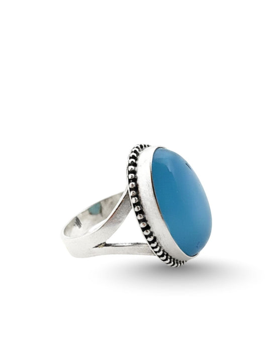 İri Oval Doğal Mavi Akik Taşlı Kadın Gümüş Yüzük