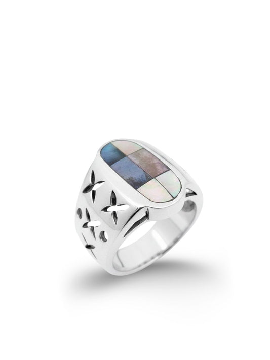 İri Retro Lekeli Sedef Taşlı Gümüş Kadın Yüzük