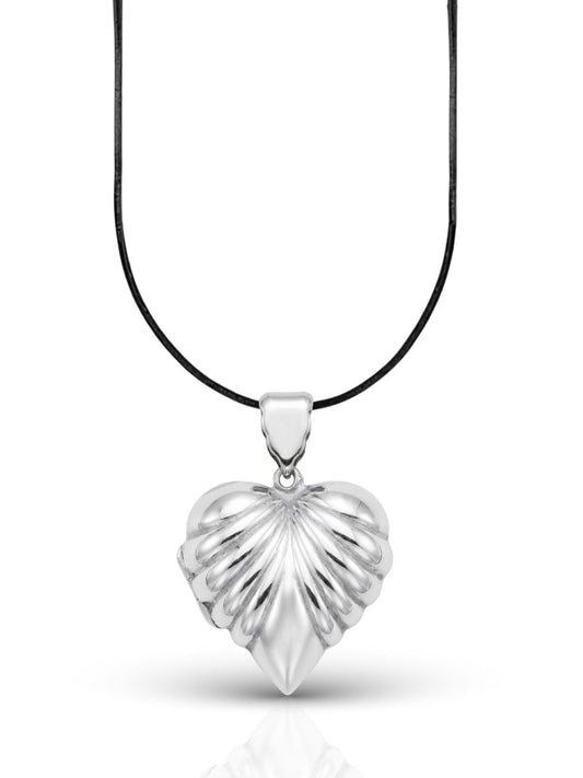 İstiridye Desenli Kalp Kapaklı Gümüş Kolye 4.2x3.2 cm