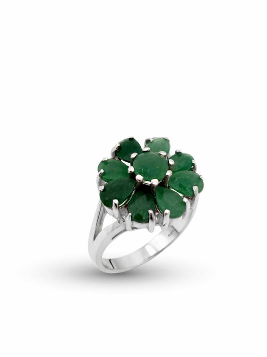 Kök Zümrüt Taşlı Çiçek Gümüş Kadın Yüzük