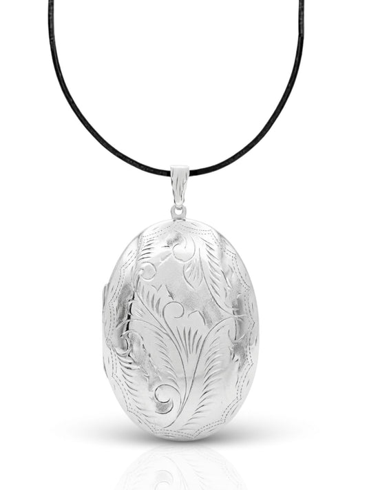 İri Oval Lazer İşlemeli Bombe Kapaklı Gümüş Kadın Kolye 7.7x4.5cm