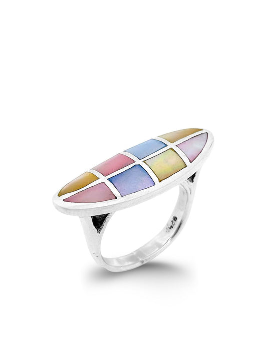 Retro Panama Renkli Sedef Taşlı Gümüş Kadın Yüzük