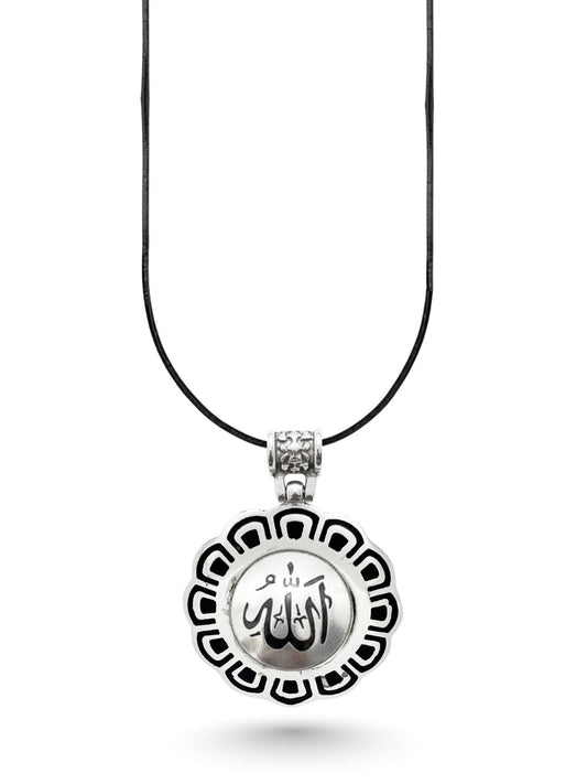 Siyah Mineli Allah Yazılı Yuvarlak Gümüş Kolye 4.5x3cm