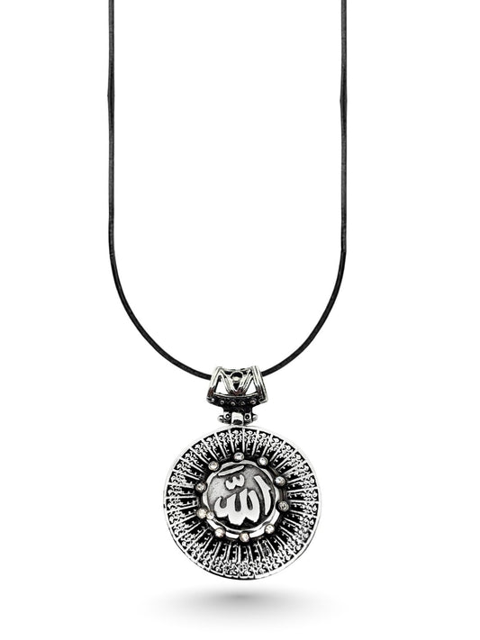 Zirkon Taşlı Allah Yazılı Gümüş Madalyon Kolye 4.5x3.2cm