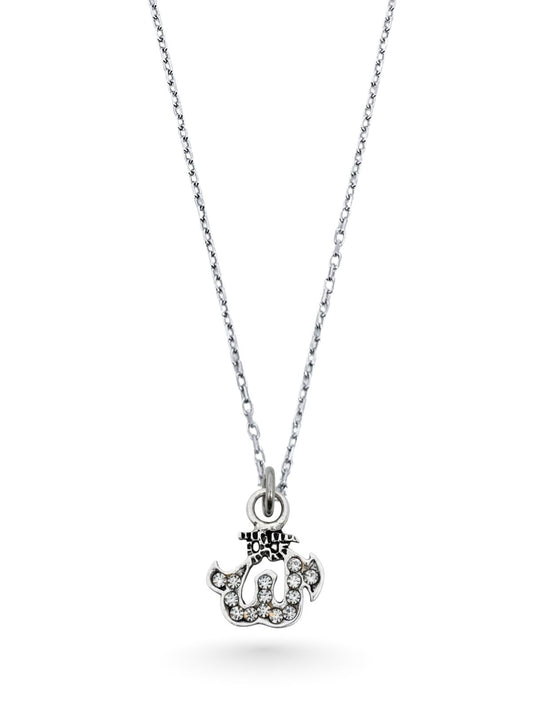 Zirkon Taşlı Minimal Allah Yazısı Gümüş Kolye 1.5x1.2cm