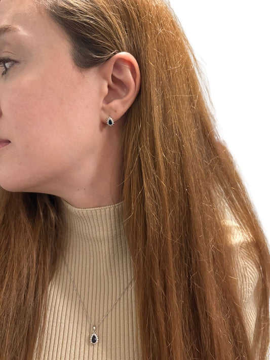 Mini Beyaz Işıltı Çevrili Doğal Taşlı Damla Kadın Kolye Küpe Gümüş Set