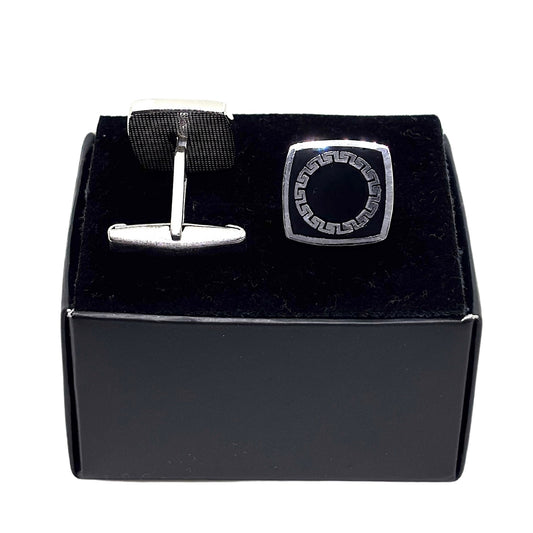 Kare Siyah Mineli Grek Desenli Gümüş Kol Düğmesi