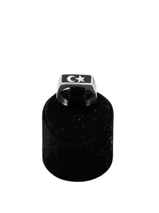 İnce Dikdörtgen Siyah Mine Üzeri Ay Yıldız Gümüş Erkek Yüzük