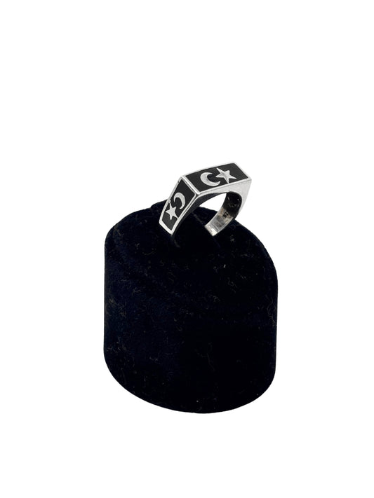 İnce Dikdörtgen Siyah Mine Üzeri Ay Yıldız Gümüş Erkek Yüzük