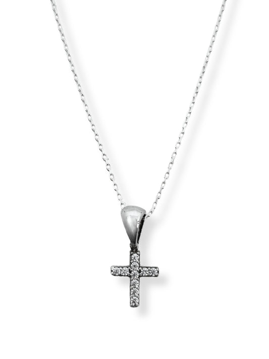 Minimal Beyaz Işıltılı Taşlı Haç Gümüş Kadın Kolye-HCK01