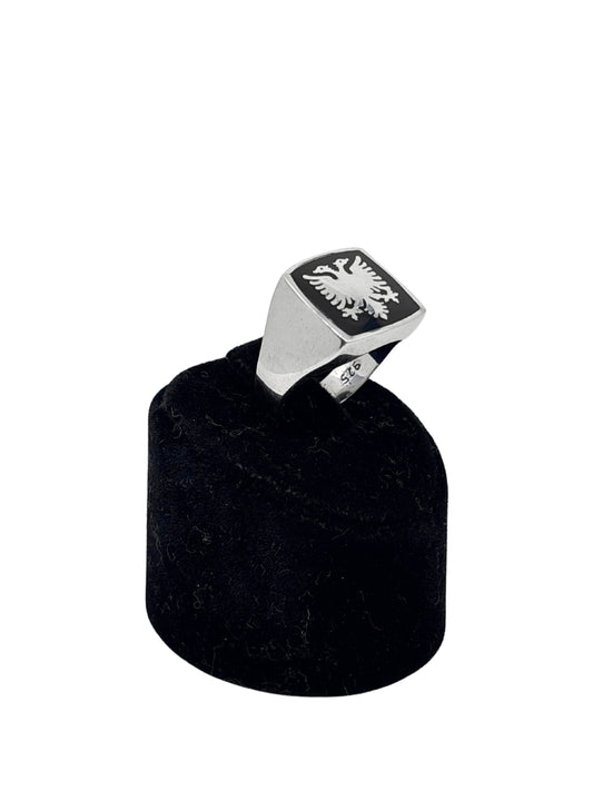 Çift Başlı Kartal Siyah Mineli Kare Gümüş Erkek Yüzük