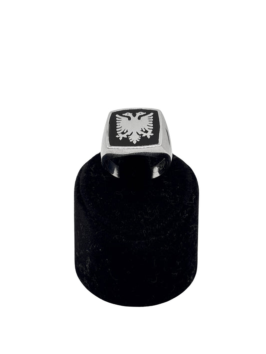 Çift Başlı Kartal Siyah Mineli Kare Gümüş Erkek Yüzük