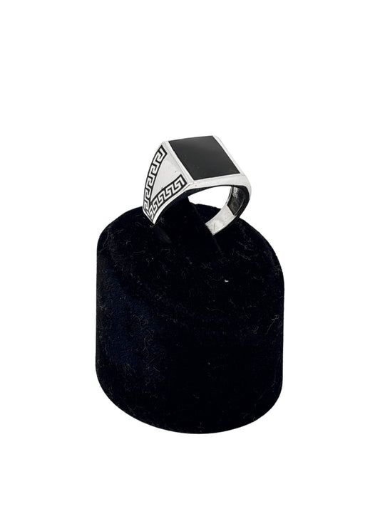 Dikey Greg Desenli Kenar Siyah Mineli Gümüş Erkek Yüzük