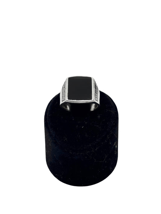 Yatay Greg Desenli Kenar Siyah Mineli Gümüş Erkek Yüzük