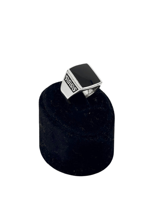 Yatay Greg Desenli Kenar Siyah Mineli Gümüş Erkek Yüzük