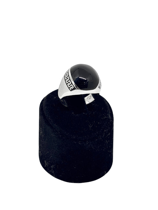 Grek Desen Yuvarlak Siyah Mineli Gümüş Erkek Yüzük