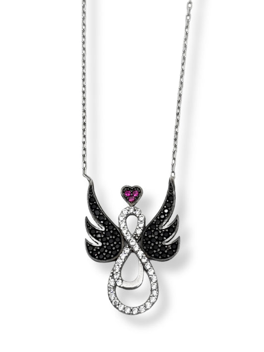 Siyah&Beyaz Işıltılı Kanatlı Sonsuzluk İşareti Gümüş Kadın Hayalet Kolye