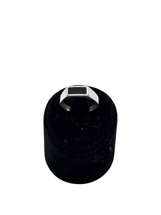 İnce Dikdörtgen Siyah Mineli Gümüş Erkek Yüzük