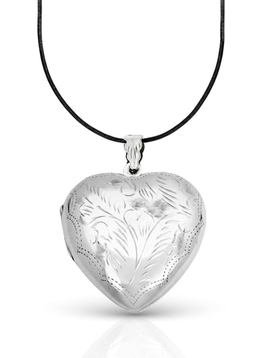 İri Lazer İşlemeli Bombe Kalp Kapaklı Gümüş Kadın Kolye 5.3x4.2 cm
