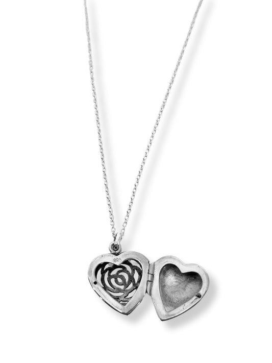 Gümüş Kalp Kapaklı Gül Desenli Fotoğraflık Kolye