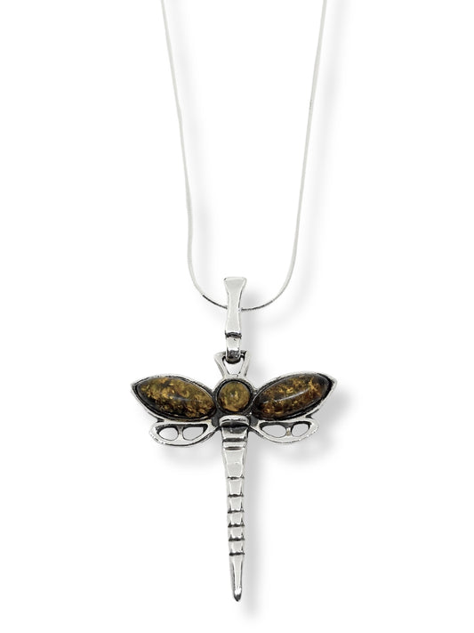 Kehribar Işıltı Kanatlı Yusufçuk Gümüş Kadın Kolye