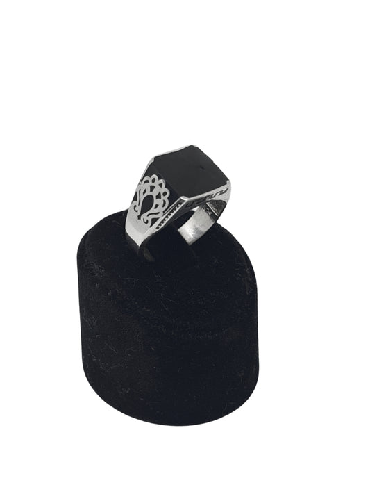 Mistik Desenli Siyah Mineli Kare Gümüş Erkek Yüzük